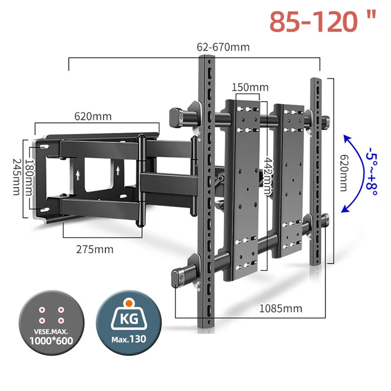 85-120'' TV Wall Mount Bracket Angle Adjustable 6 Arms Stronger Suporte Soporte TV Stand UP TO 130kg Lps VESA 1000*600 DY1000